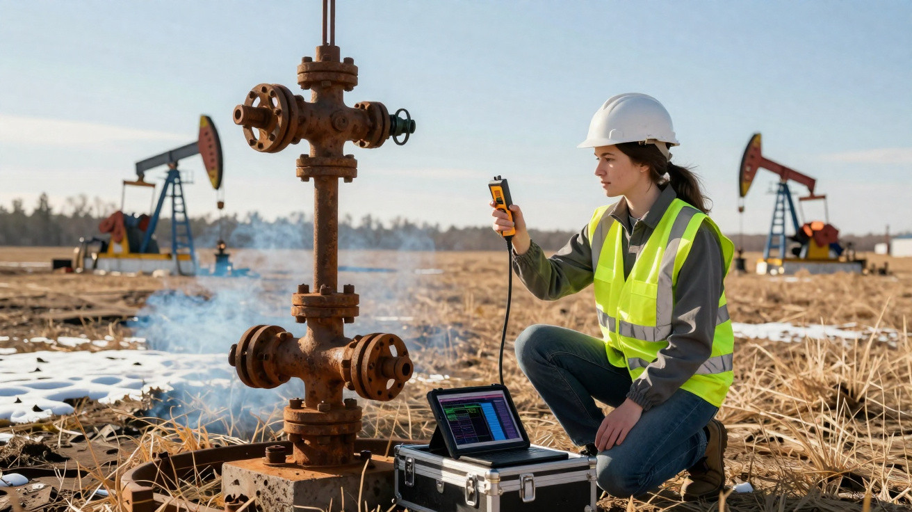 Engenheira com colete e capacete a monitorizar equipamento de perfuração de petróleo em campo aberto.