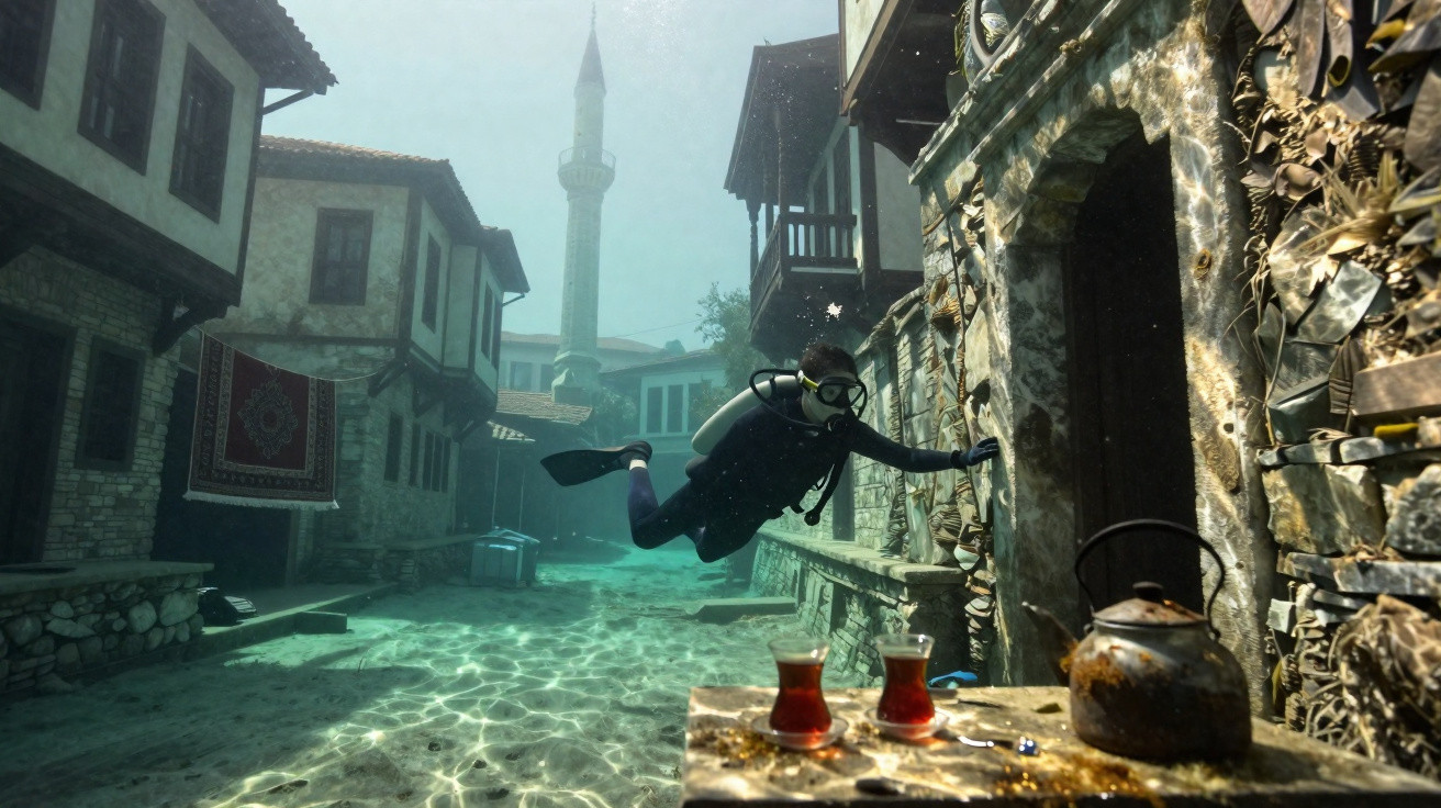 Mergulhador explora rua submersa com edifícios antigos e chá turco em mesa subaquática.