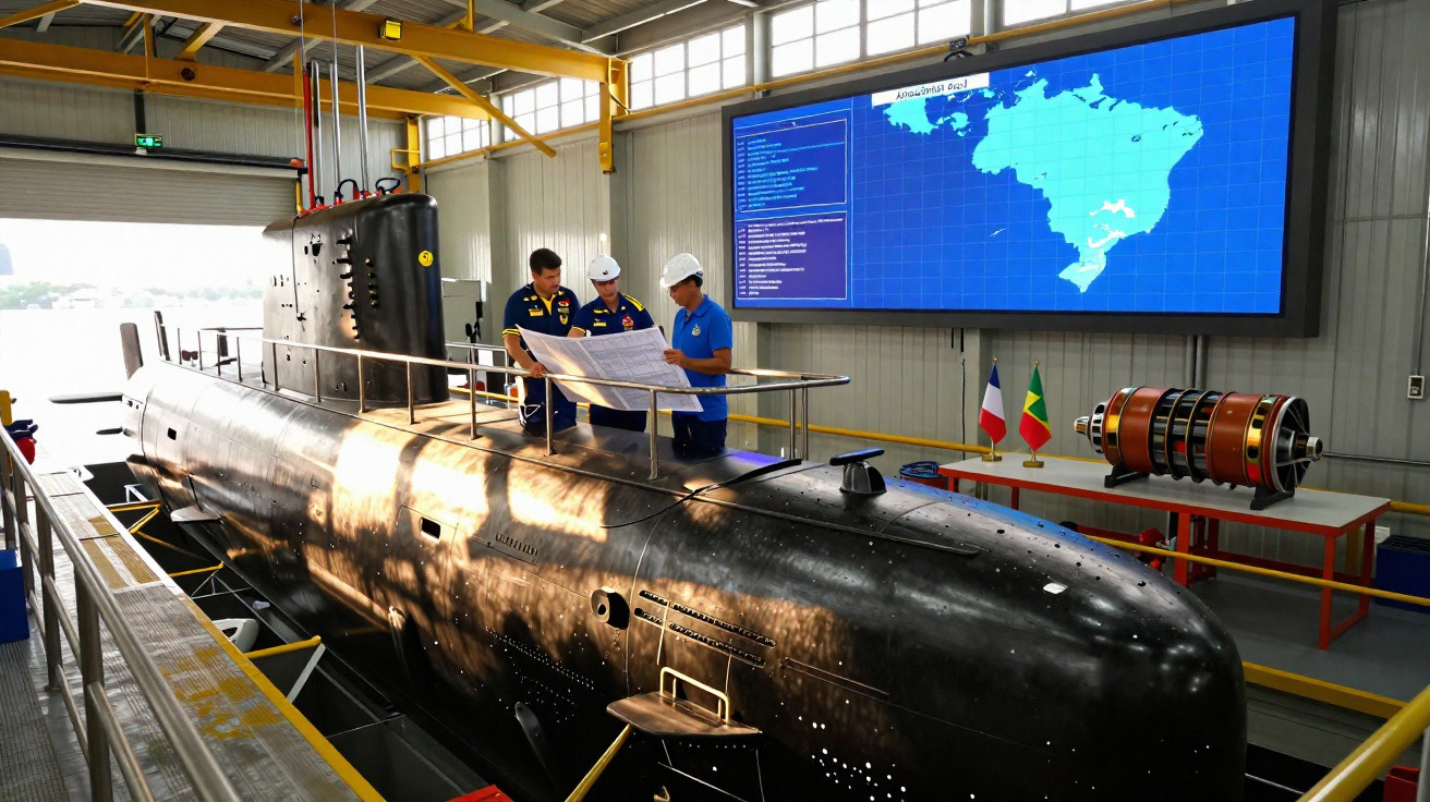 Pessoas analisam plantas sobre um submarino numa instalação industrial com ecrã grande a mostrar mapa do Brasil.