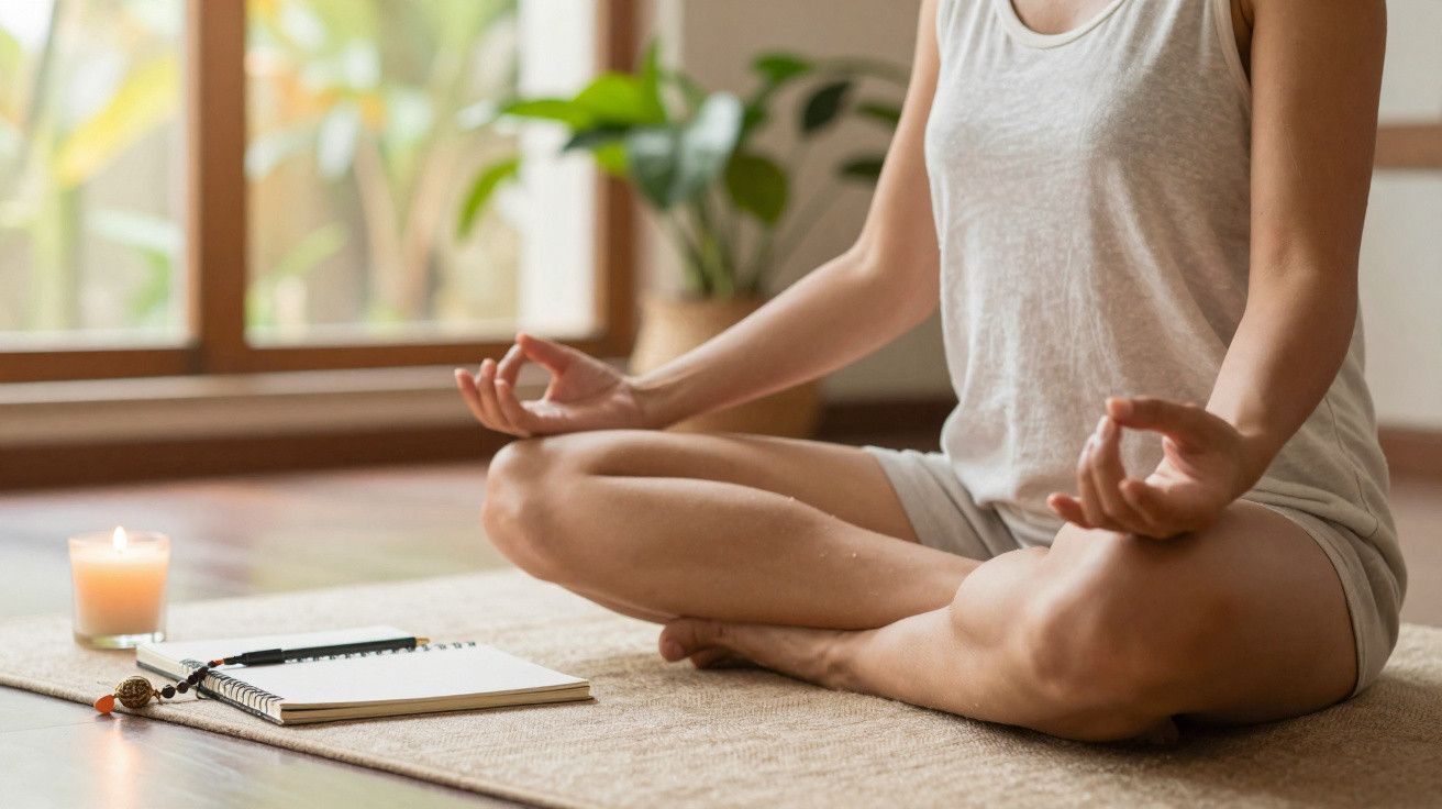 Pessoa sentada em posição de meditação com vela acesa e caderno ao lado, em ambiente tranquilo.