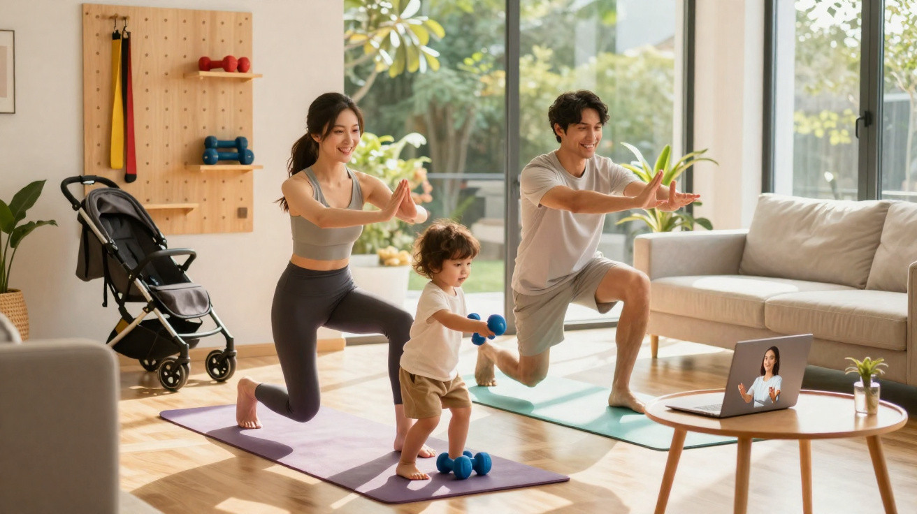 Família jovem a fazer exercícios físicos em casa numa sala luminosa com tapetes de yoga e pesos.