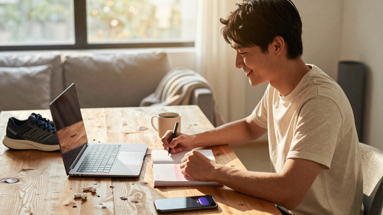 Jovem sentado à mesa em casa a estudar e escrever num caderno com portátil aberto à sua frente.