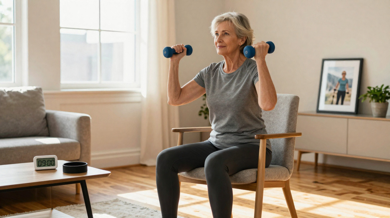 Mulher sénior a fazer exercícios com halteres sentada numa cadeira numa sala luminosa e acolhedora.