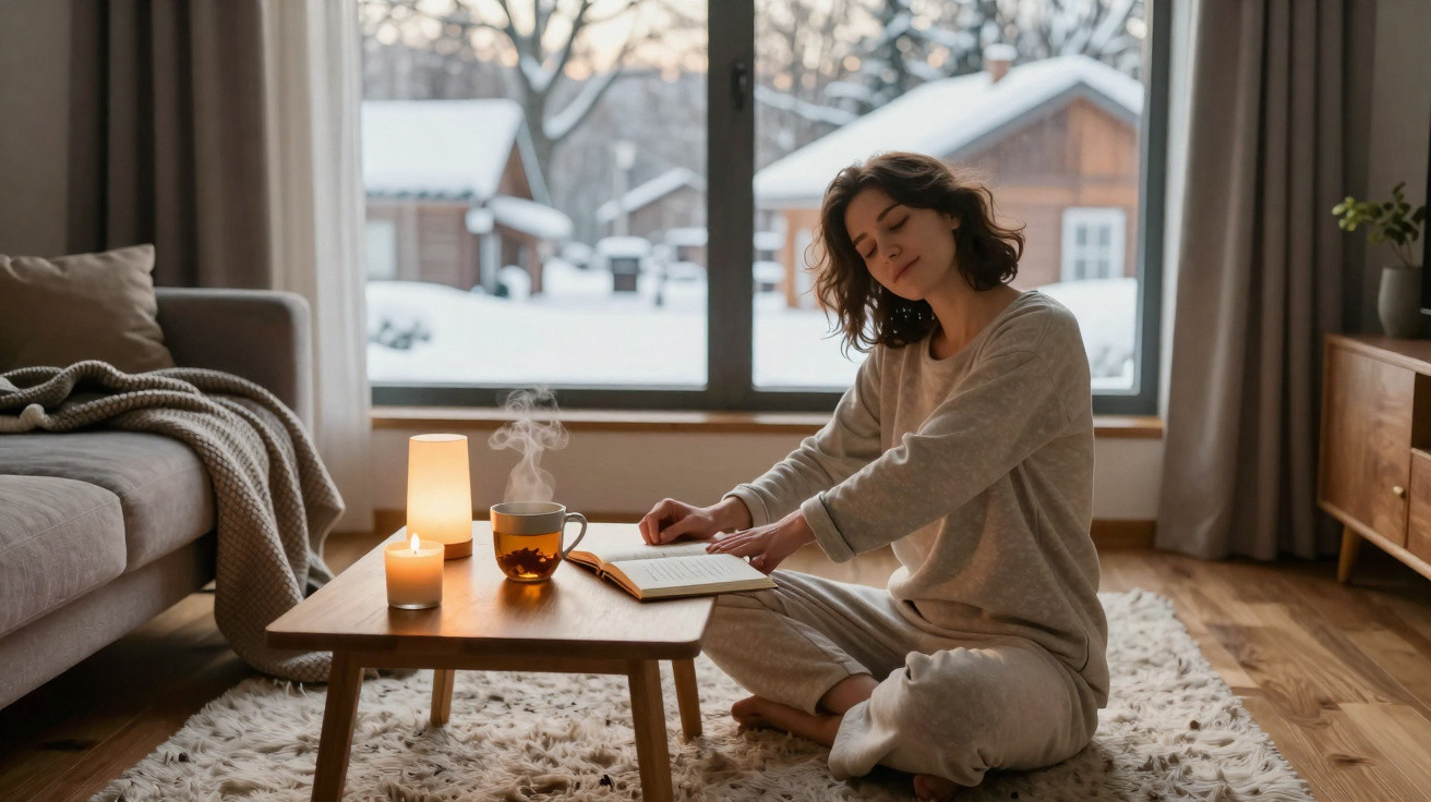 Mulher sentada no chão a espreguiçar-se junto a uma mesa baixa com vela, chá e livro, numa sala acolhedora de inverno.