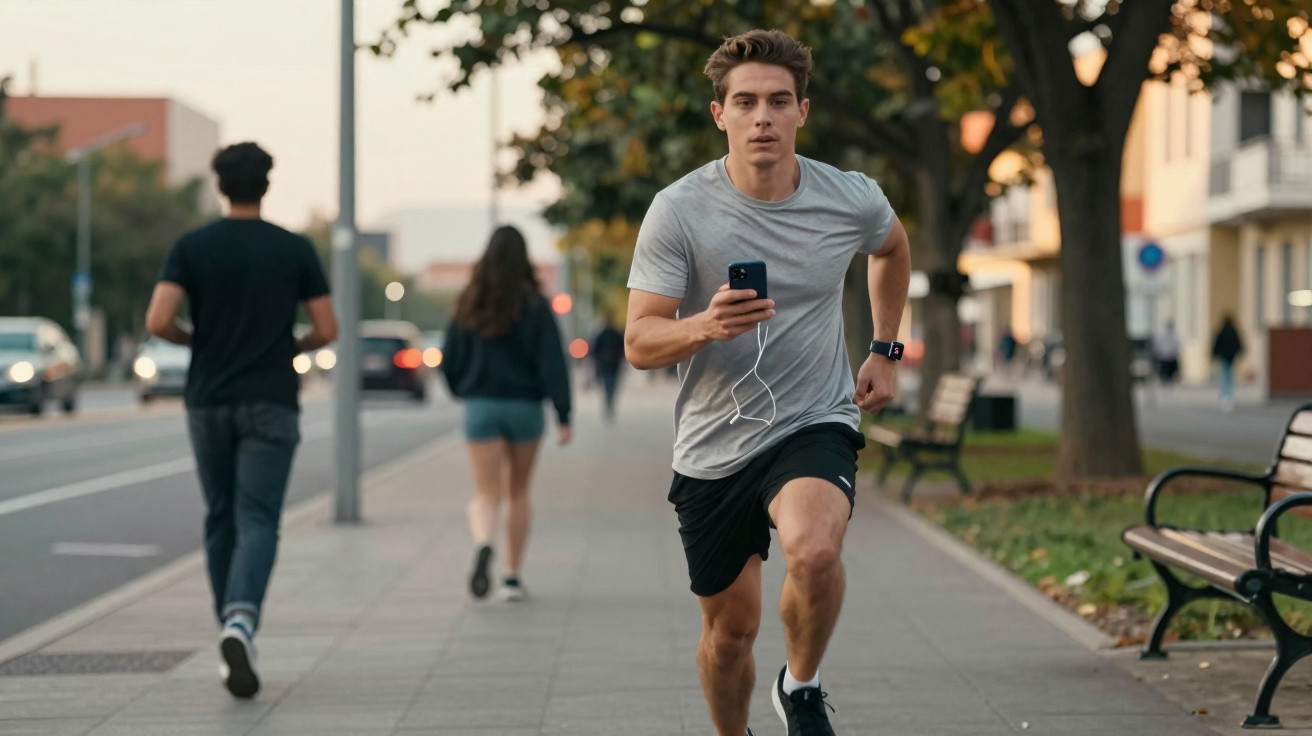 Homem jovem a correr com roupa desportiva num passeio urbano ao fim da tarde.