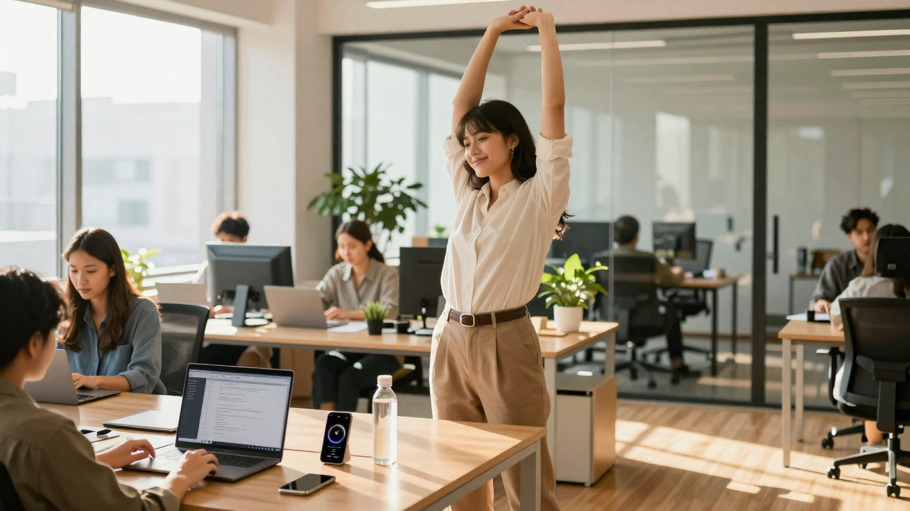 Mulher estica braços enquanto colegas trabalham em escritório moderno com mesas, computadores e luz natural.