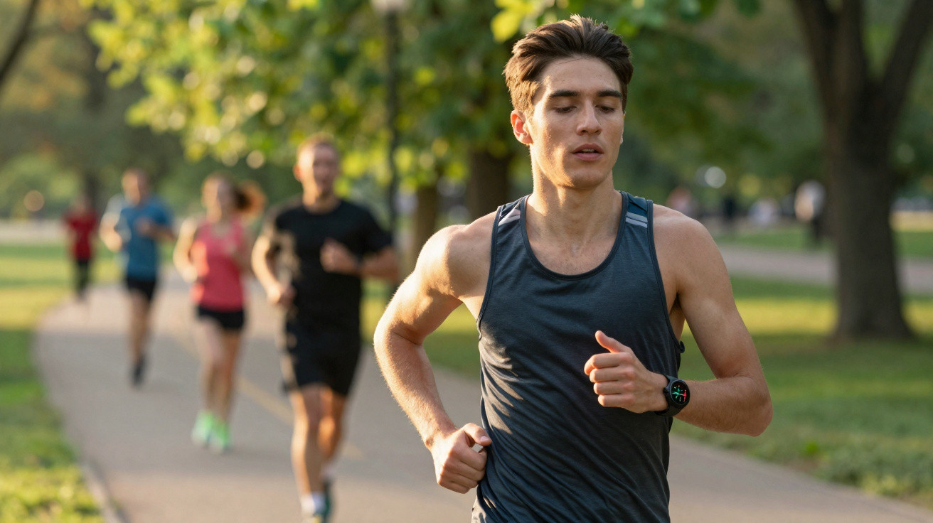 Homem a correr num parque com outras pessoas a correrem ao fundo numa manhã ensolarada.