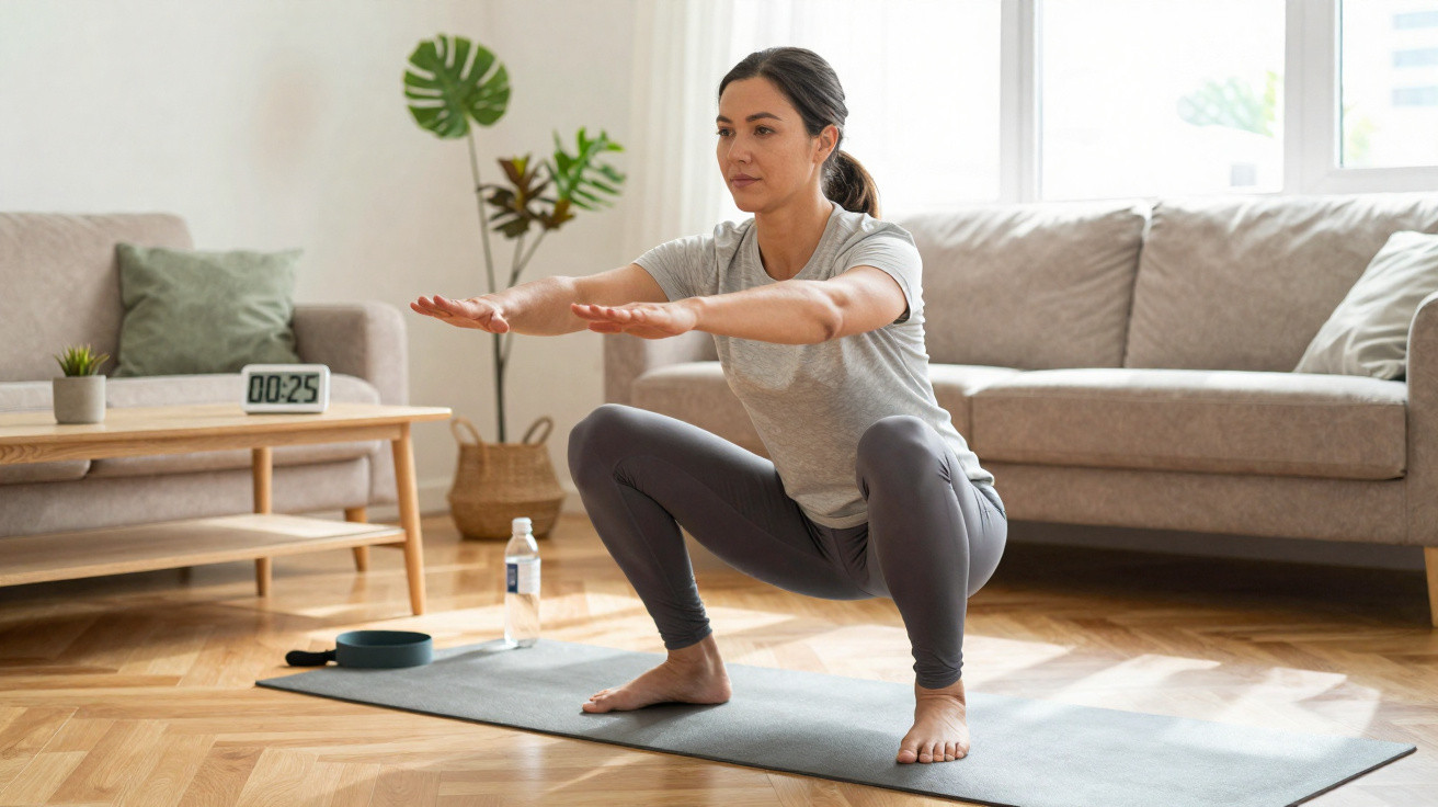 Mulher a fazer exercício de agachamento em casa, numa esteira de yoga, com garrafa de água ao lado.