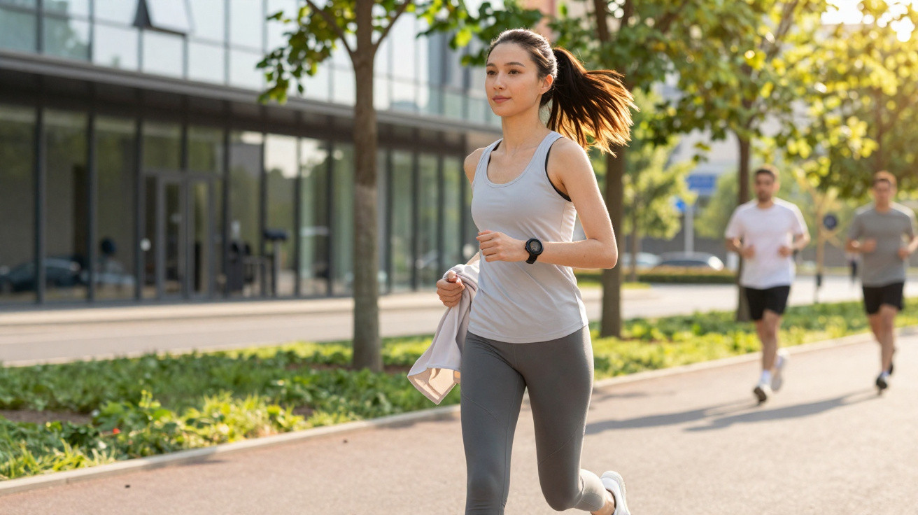 Mulher a correr ao ar livre num dia solarengo com duas pessoas a correr ao fundo junto a um edifício.