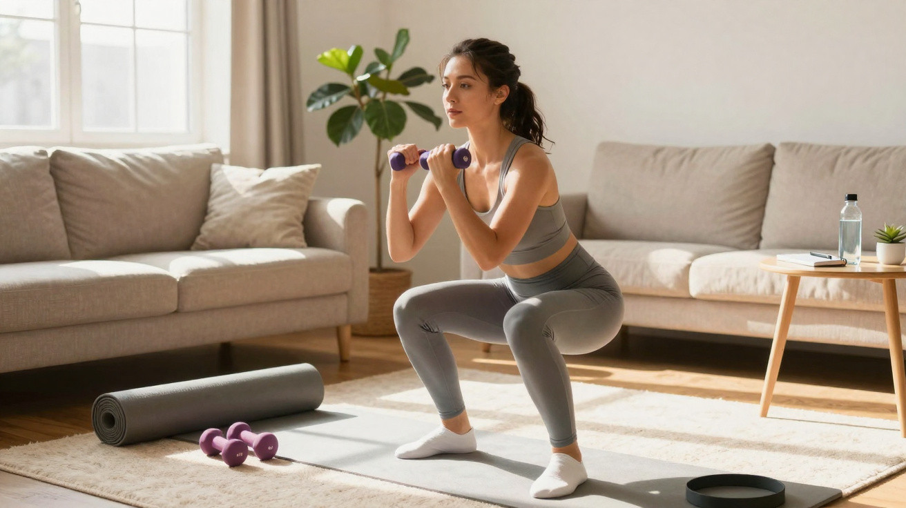 Mulher a fazer agachamento com halteres roxos numa sala com luz natural e tapete claro.