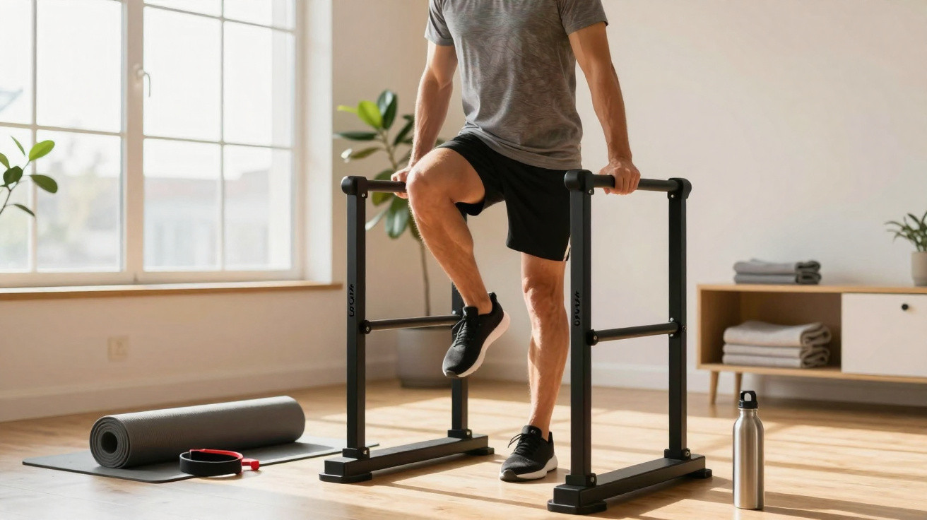 Homem a fazer exercício com barra paralela num quarto iluminado com janela grande e objetos de treino no chão.