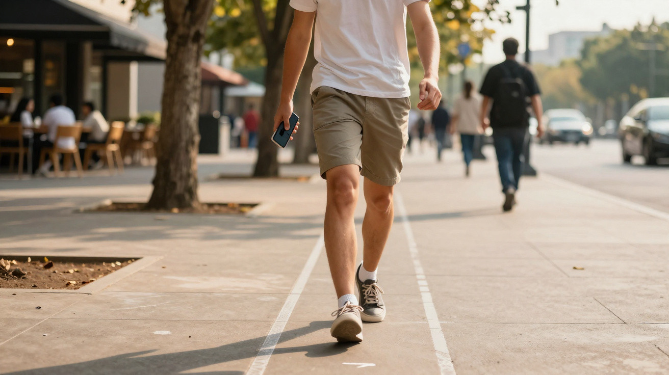 Pessoa a caminhar na rua movimentada de cidade, com telefone na mão, vestindo calções e t-shirt branca.