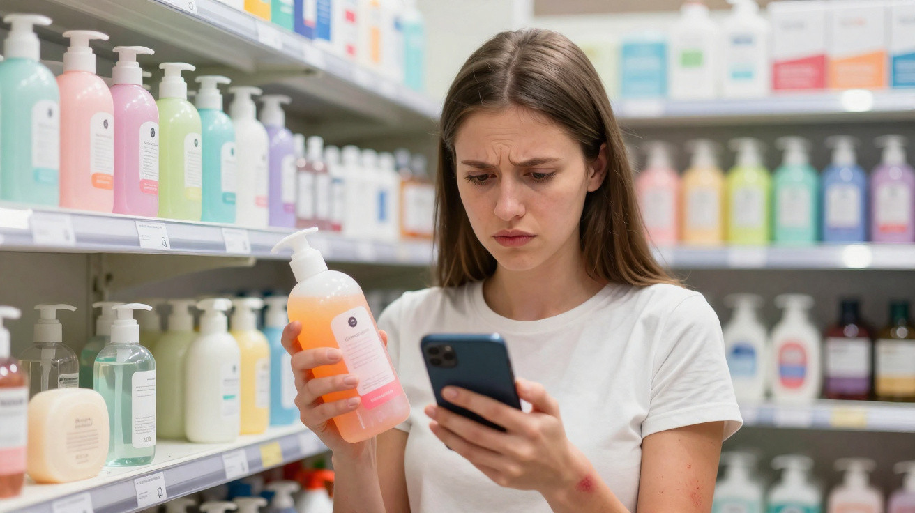 Mulher em loja a comparar frasco de cosmético com telemóvel, visivelmente indecisa.