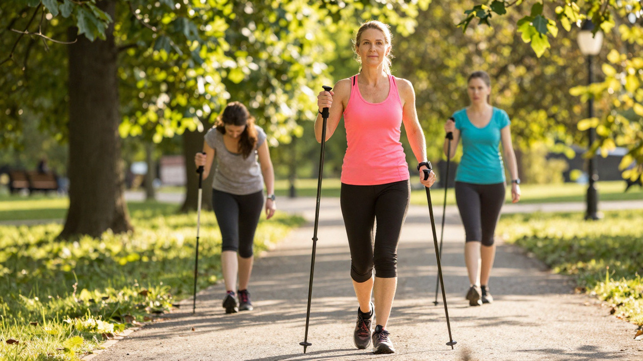 Três mulheres a praticar caminhada com bastões num parque com árvores e luz solar.