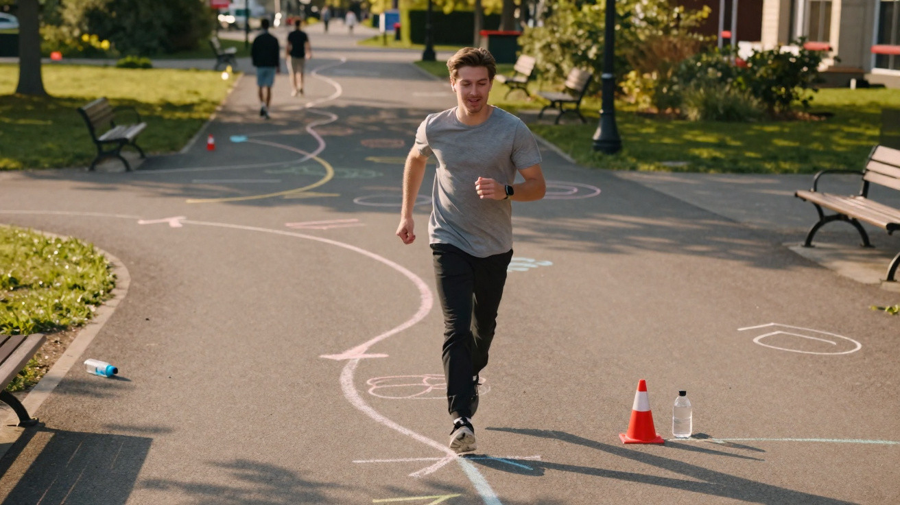 Jovem a correr num parque, sobre um caminho com desenhos coloridos no chão, a usar auscultadores.