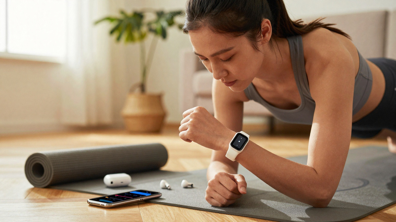 Mulher a fazer prancha numa sala clara, com relógio fitness e telemóvel com gráficos de treino.