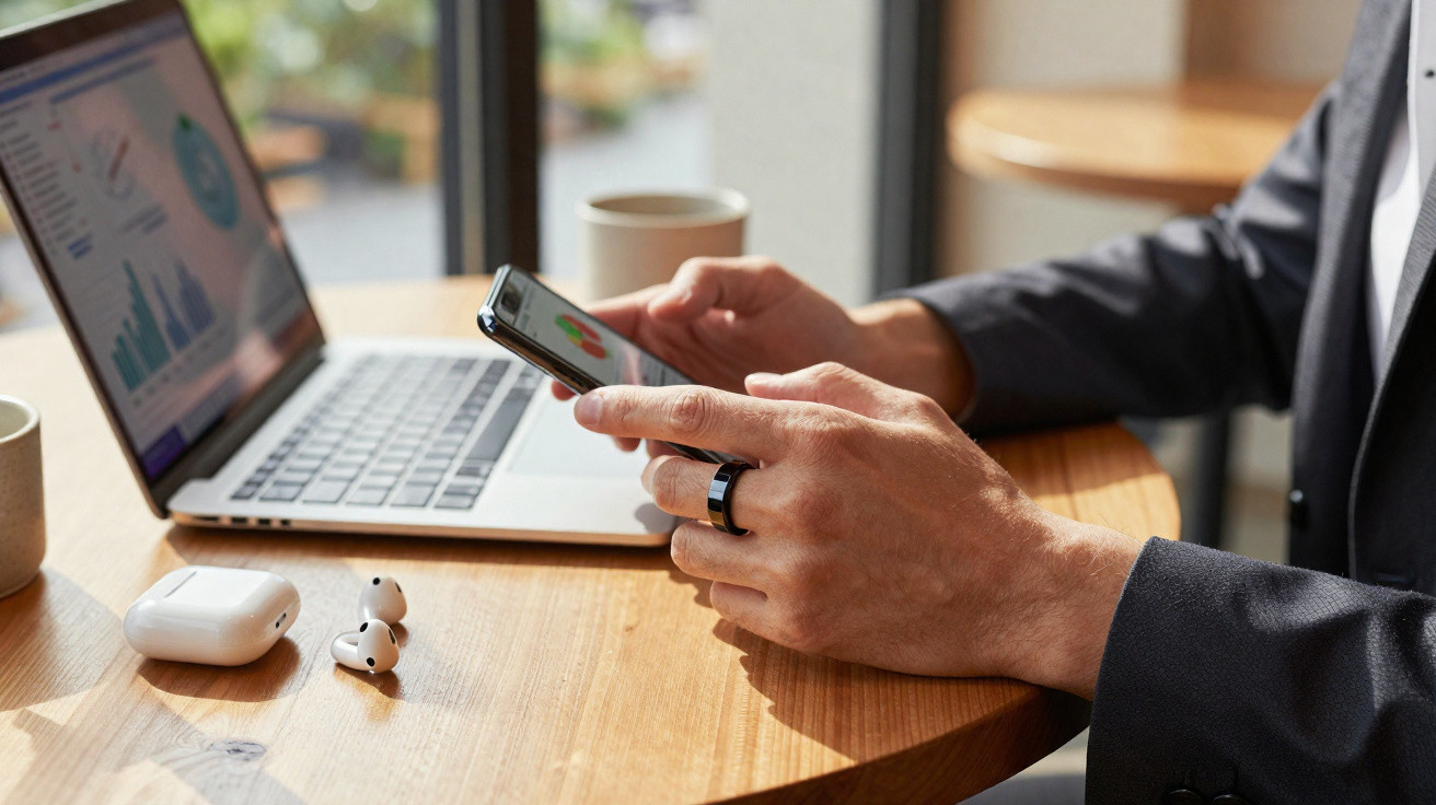 Pessoa a usar smartphone e portátil numa mesa de madeira com gráficos e telefone aberto.