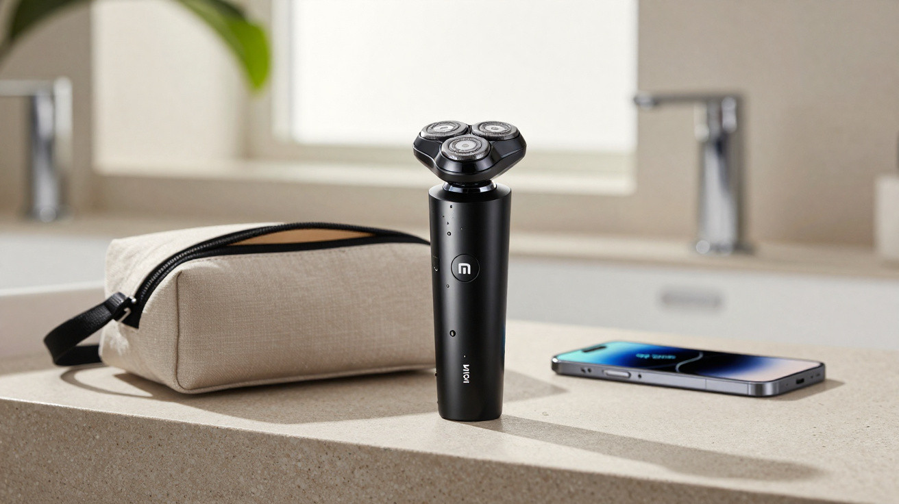 Aparador de barba elétrico preto com telemóvel, toalhetes e necessaire sobre bancada de casa de banho.