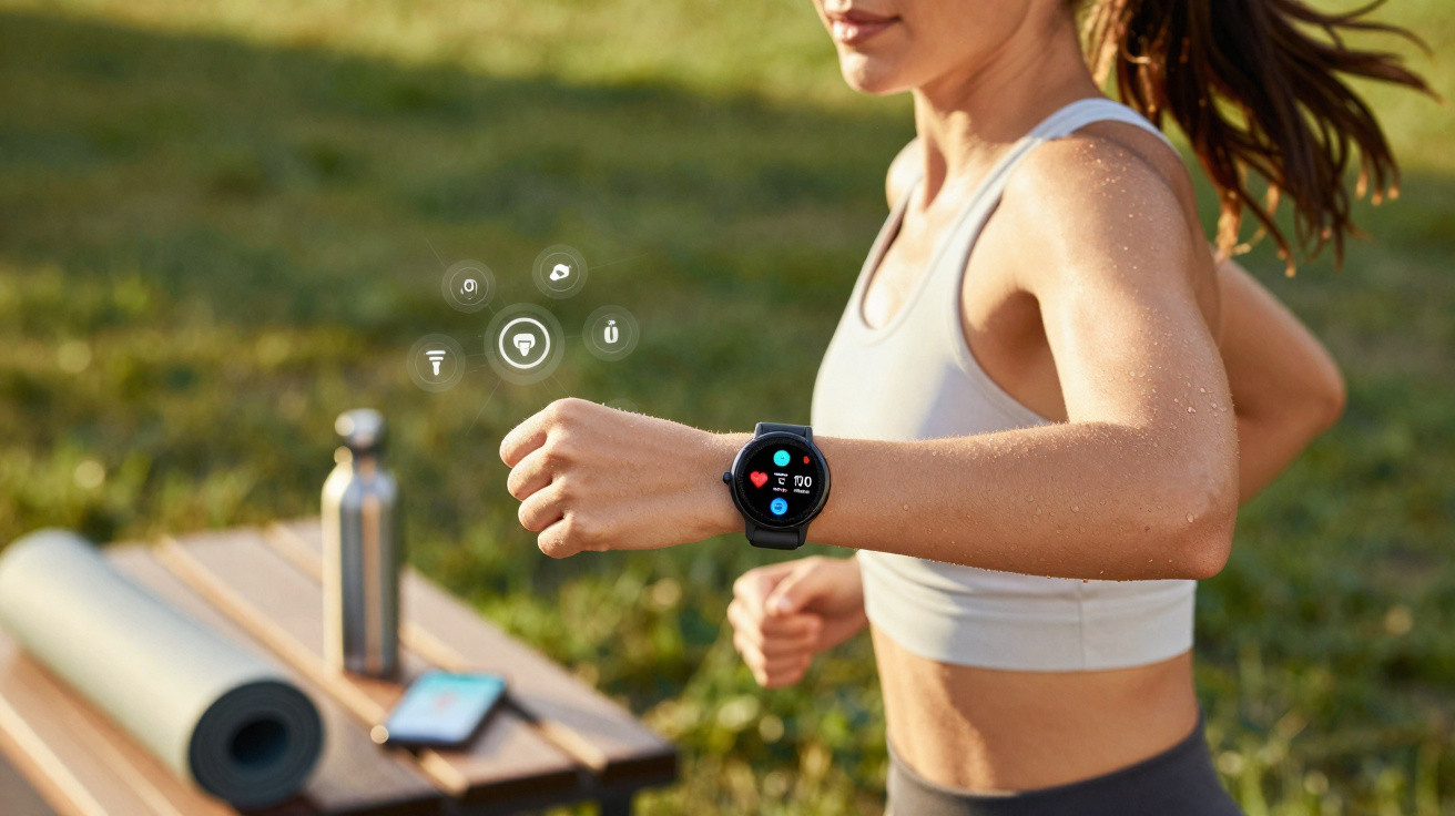 Mulher a correr ao ar livre com relógio inteligente no pulso e equipamento desportivo.