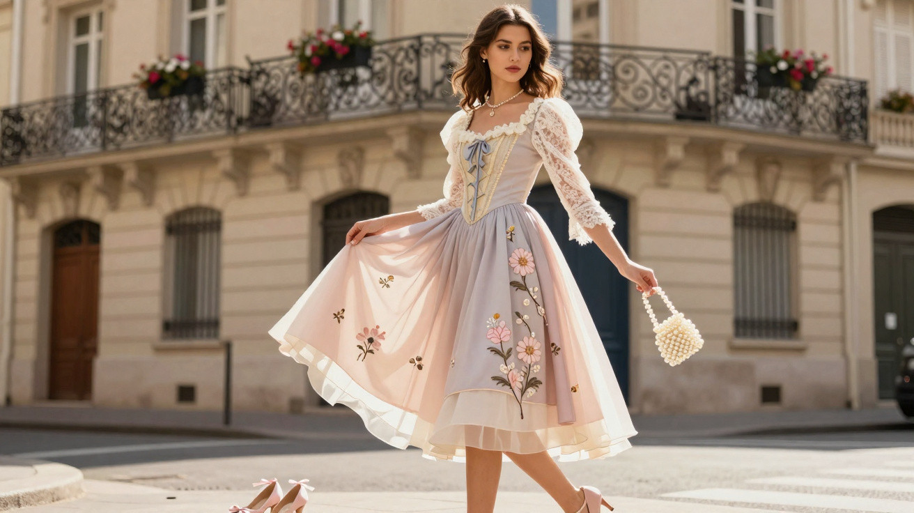Mulher com vestido vintage floral e renda, bolsa de pérolas, junto a edifício antigo numa rua urbana.