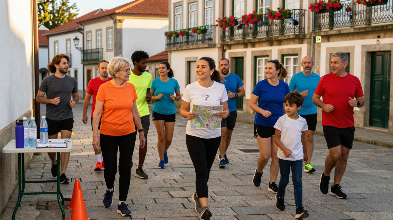 Grupo diversificado de pessoas a caminhar em rua histórica com placas e cones, participando numa atividade ao ar livre.