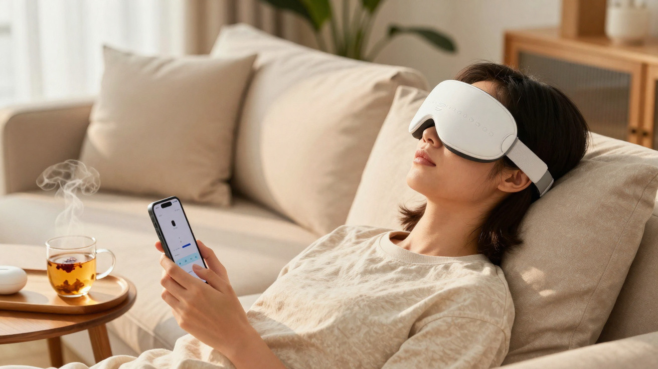 Pessoa relaxa no sofá com máscara de massagem ocular e segura telemóvel, chá quente numa mesa ao lado.