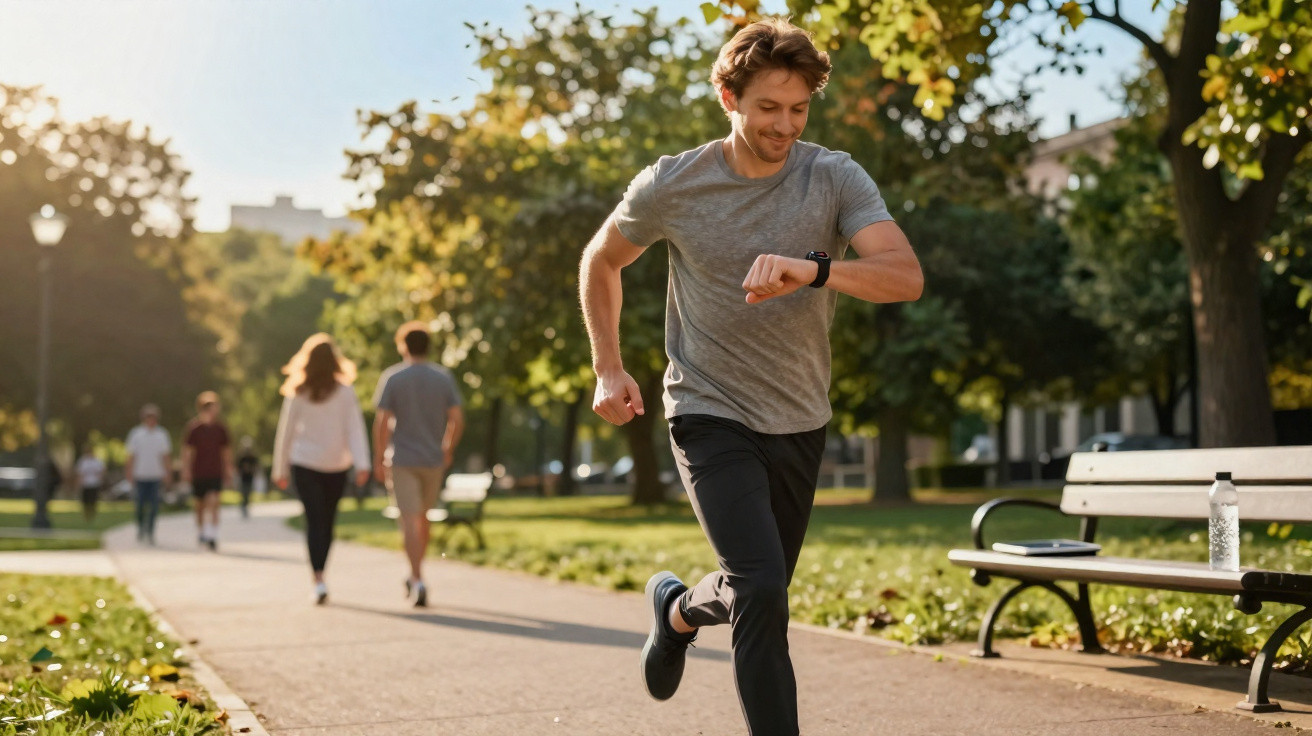 Homem a correr num parque ensolarado, olhando para o relógio no pulso, com outras pessoas ao fundo.