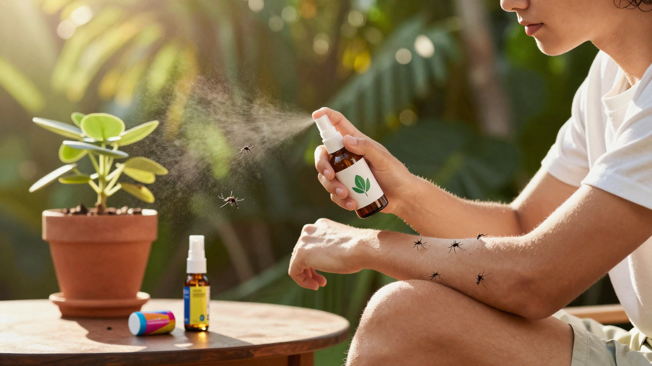 Pessoa a aplicar repelente em spray no braço para afastar mosquitos ao ar livre.