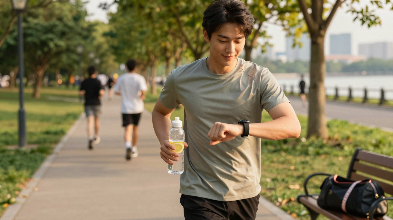Homem a correr num parque, segurando uma garrafa de água e olhando para o relógio no pulso.