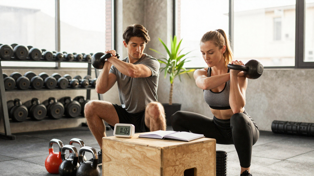 Homem e mulher em treino de agachamento com kettlebells na ginásio iluminado e equipado.