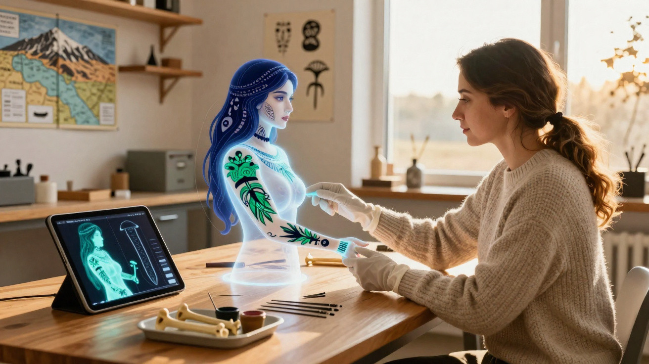 Mulher com luvas interage com modelo 3D holográfico num ambiente de trabalho com paisagem montanhosa ao fundo.