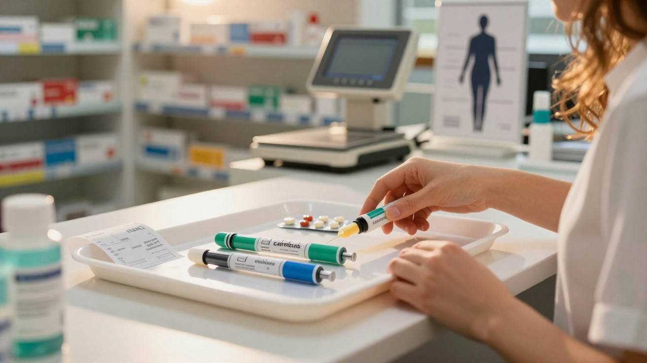 Pessoa a organizar seringas numa bandeja branca num ambiente farmacêutico ou clínico.