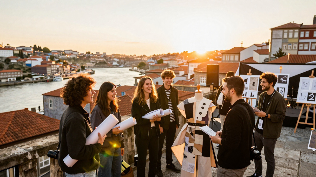 Grupo de jovens artistas a apresentar trabalhos num terraço com vista sobre rio ao pôr do sol.