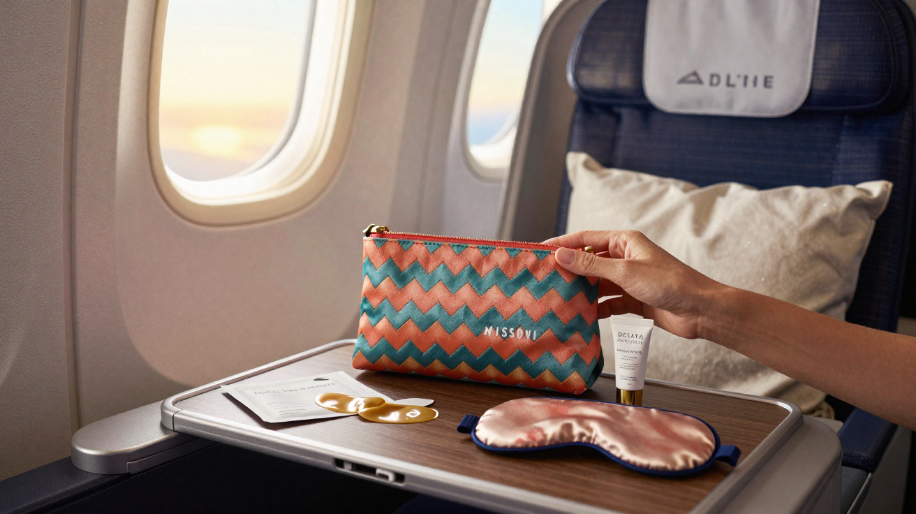Mãos seguram nécessaire colorida numa bandeja de avião com máscara de dormir, creme e parches para olhos.