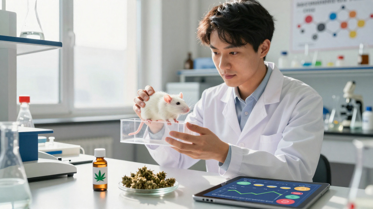 Cientista em laboratório manipula rato branco para estudo, com cannabis em frasco e análise digital visível.