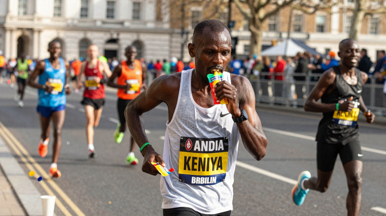 Atleta a correr numa maratona urbana enquanto consome um gel energético durante a prova.