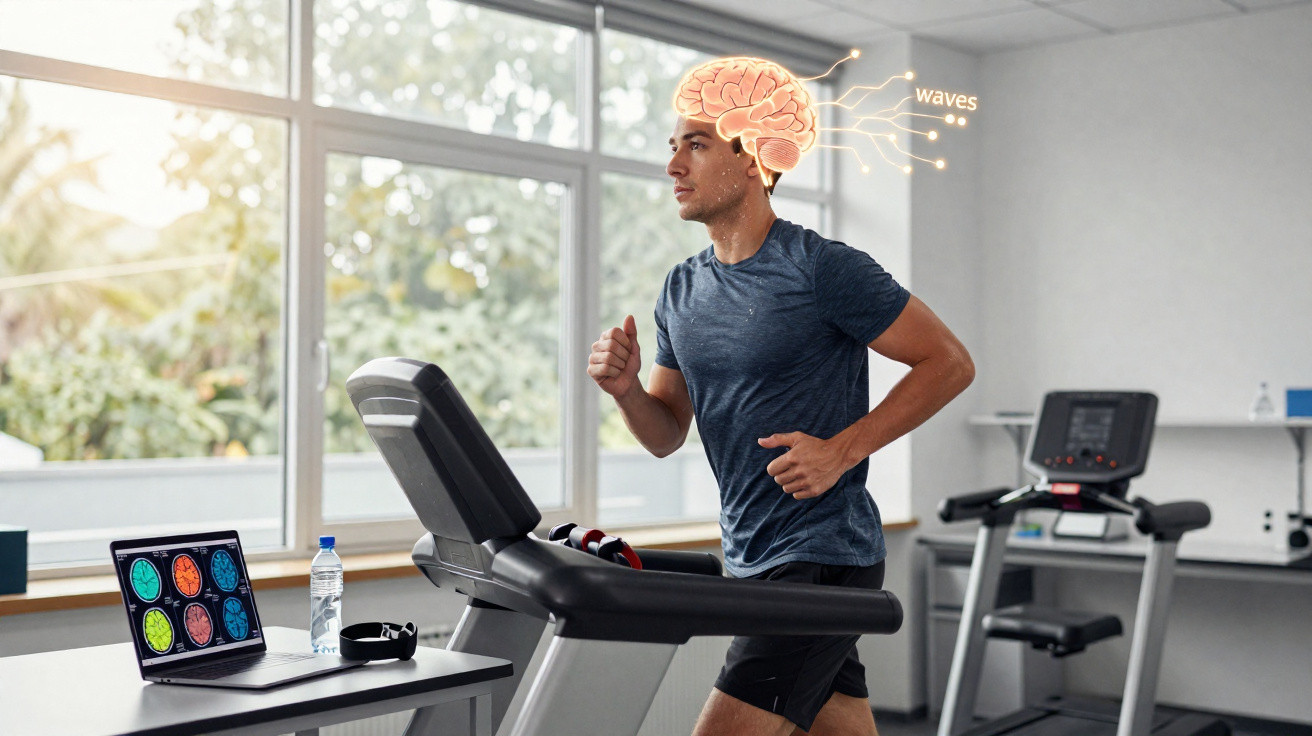 Homem a correr numa passadeira com representação digital do cérebro em fundo de laboratório moderno.