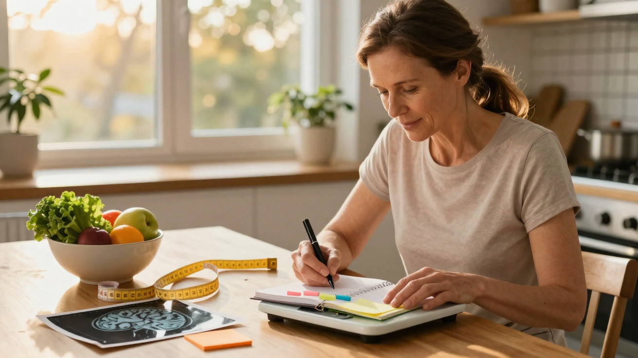 Mulher sentada na cozinha a escrever num caderno, com frutas, legumes e fita métrica na mesa.