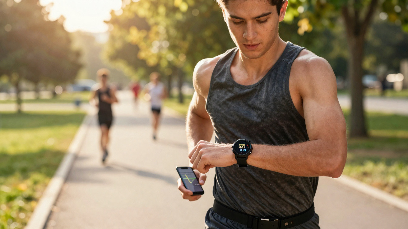 Homem a correr num parque a consultar o relógio inteligente no pulso com outros corredores ao fundo.
