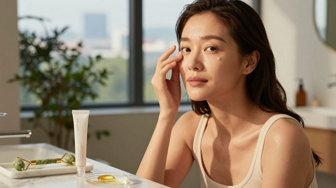 Mulher aplica creme facial num rosto com luz natural e ambiente minimalista e luminoso.