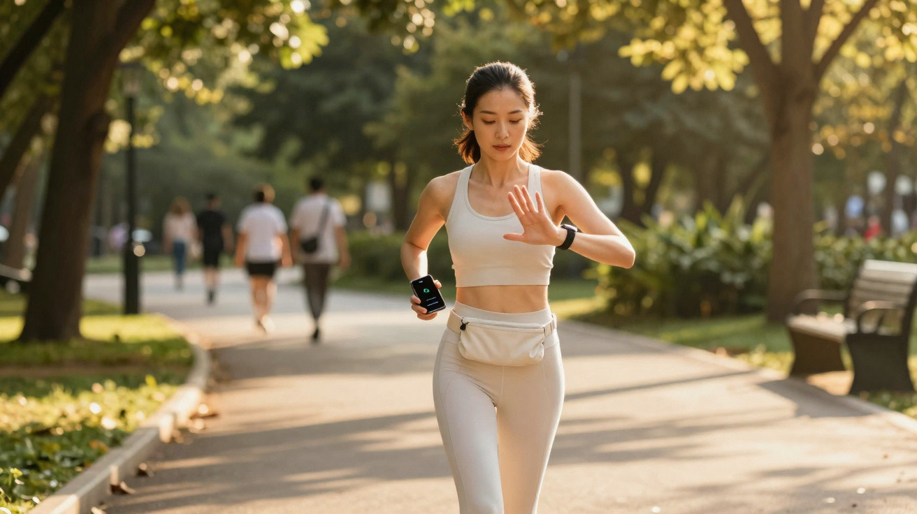 Mulher a correr num parque ensolarado, com roupa desportiva clara e a controlar o ritmo no smartwatch.