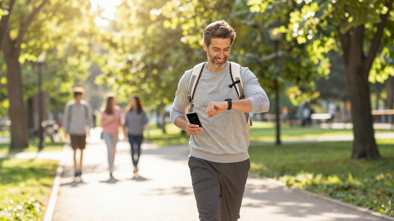 Homem a caminhar num parque ensolarado, a olhar para o relógio e segurar um telemóvel.