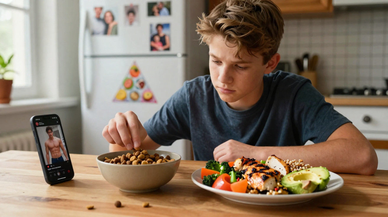 Rapaz sentado à mesa com comida saudável à frente e foto de modelo fitness no telemóvel.