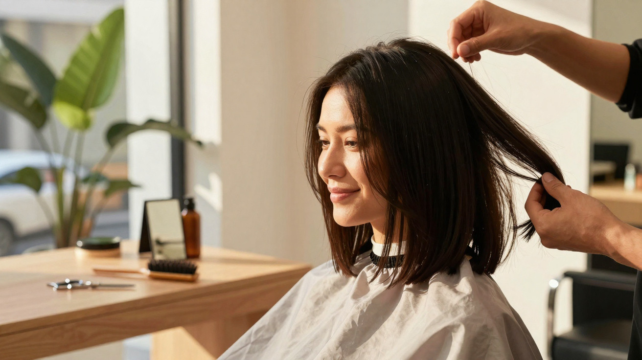 Mulher sorridente sentada num salão de cabeleireiro a receber corte de cabelo.