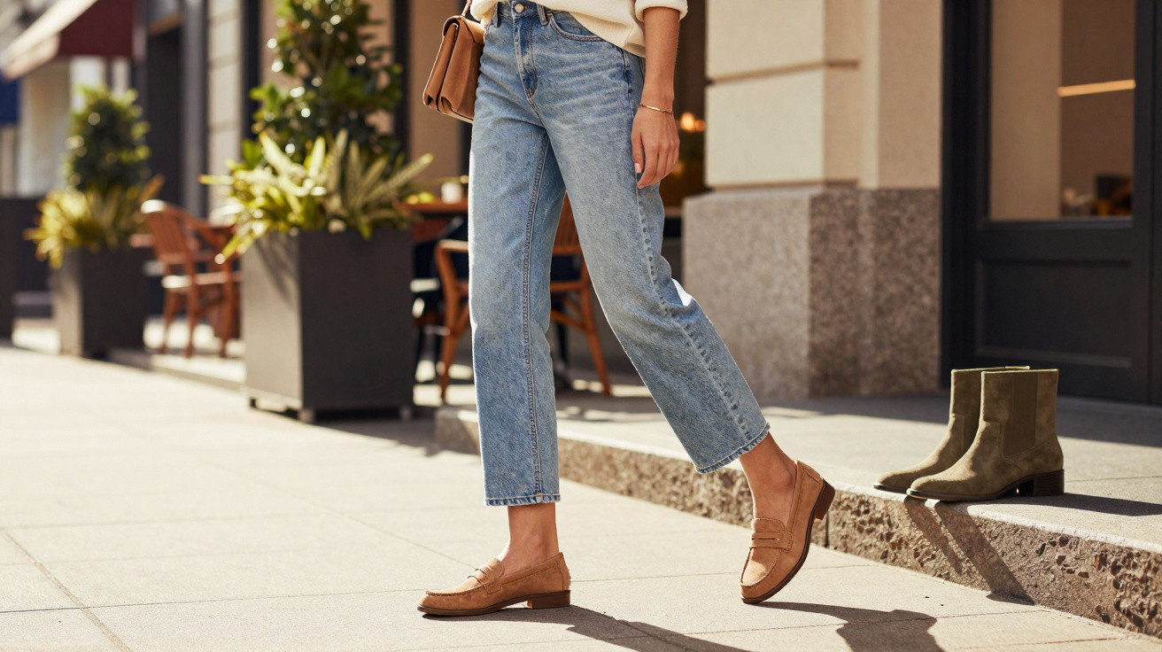 Pessoa segura uma mala castanha usando calças de ganga e sapatos castanhos claros numa rua com botins ao fundo.