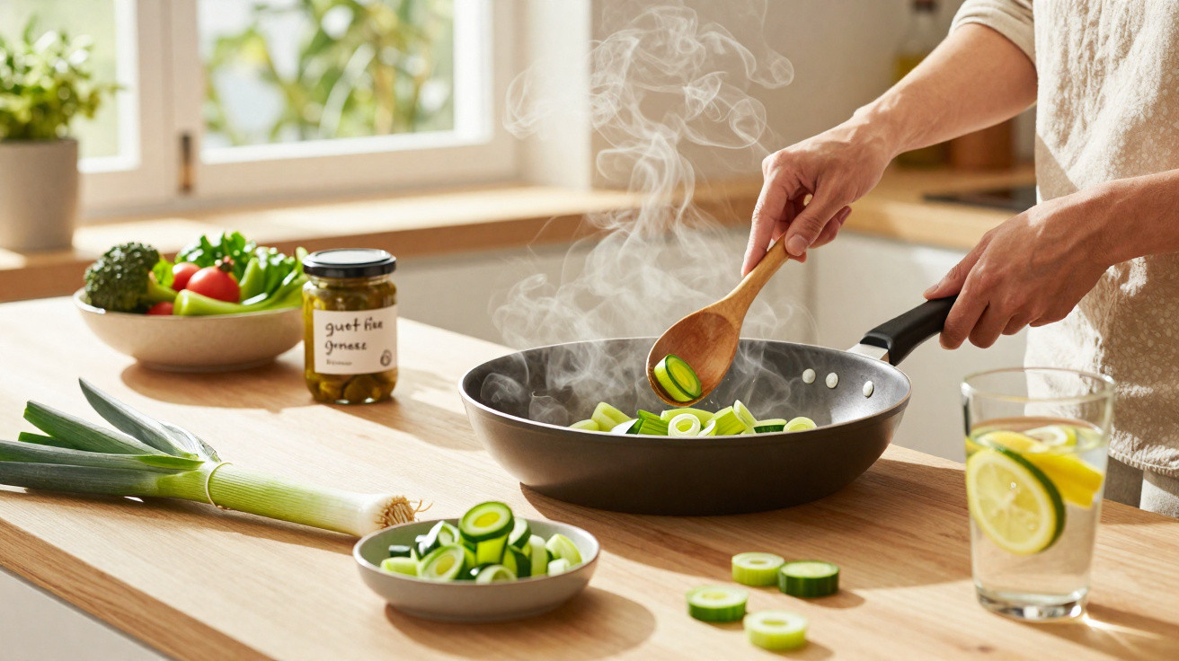Pessoa a cozinhar legumes numa frigideira numa cozinha iluminada, com alho francês e pepino na bancada.
