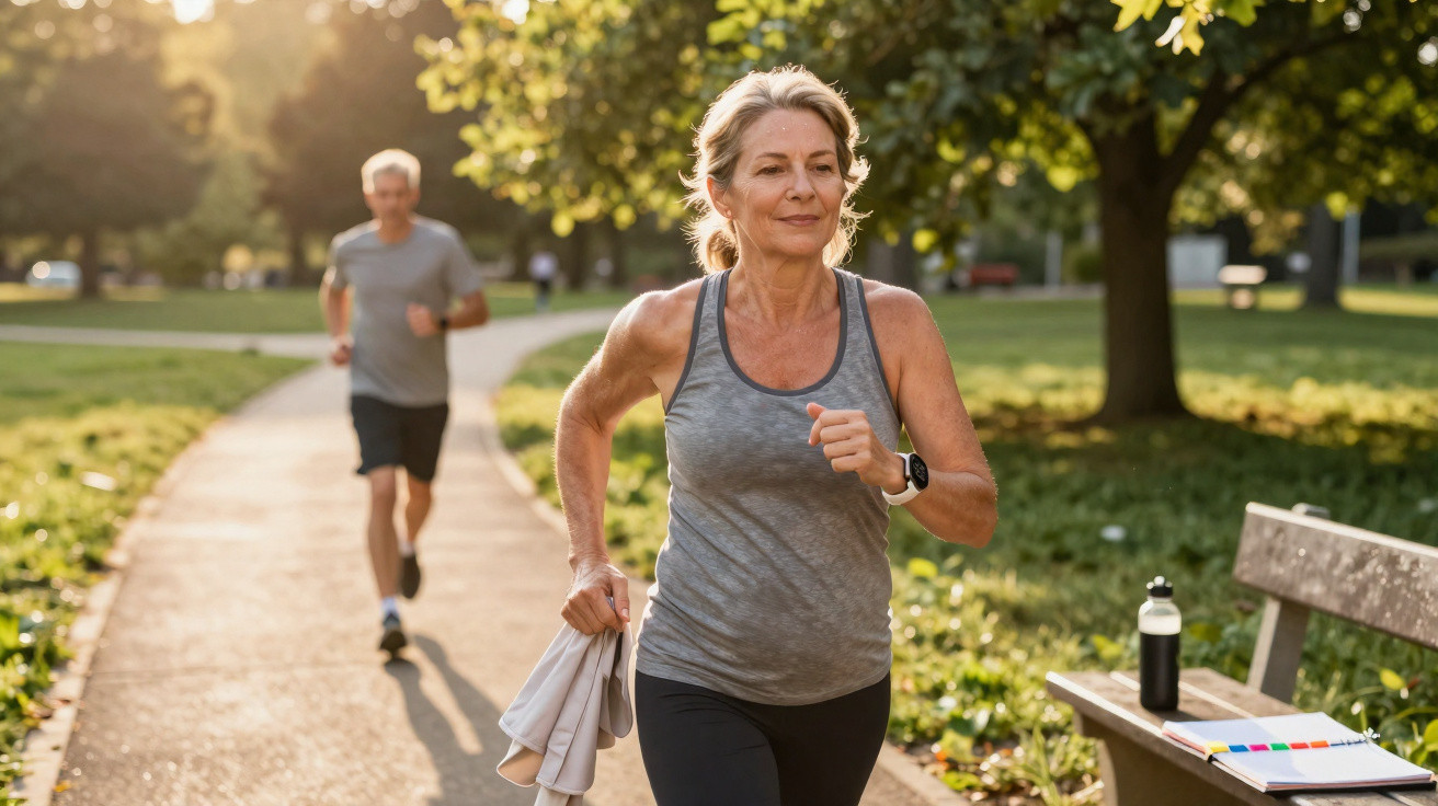 Mulher madura a correr num parque urbano com homem ao fundo, num dia soalheiro.