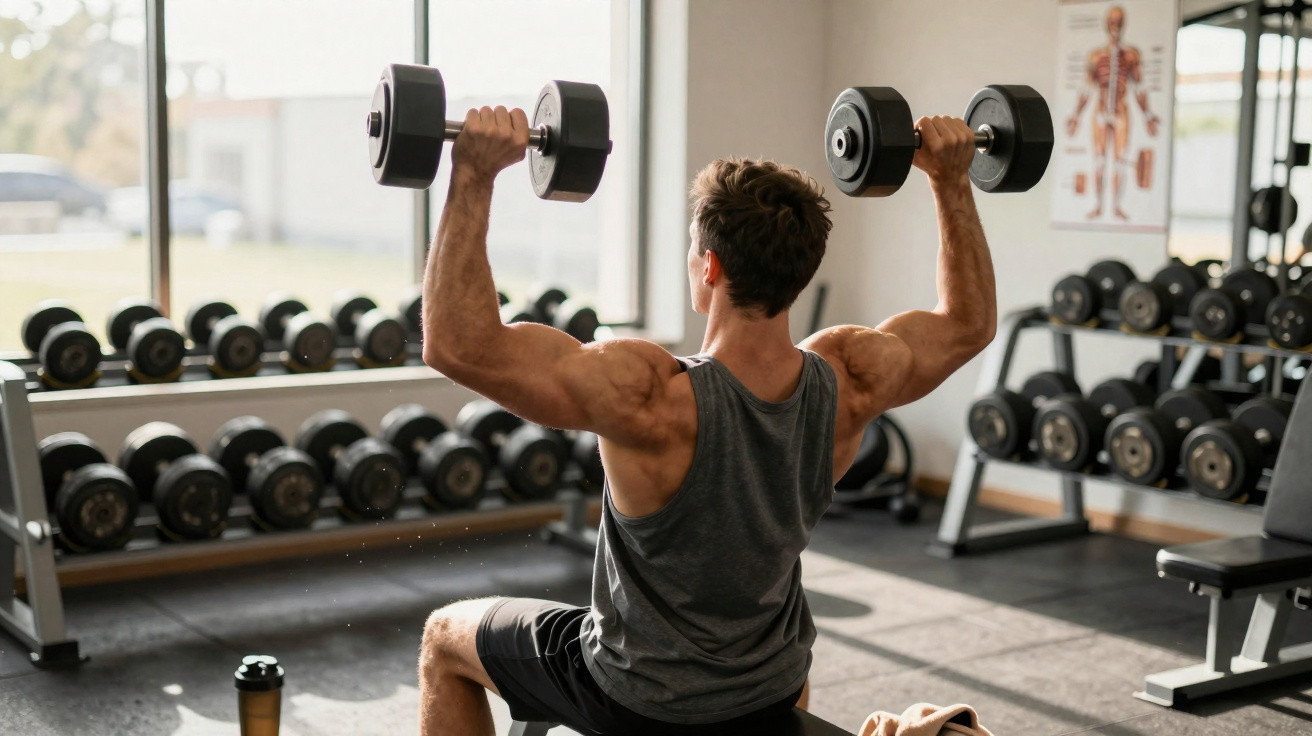 Homem a treinar ombros com halteres sentado num banco numa academia com luz natural ao fundo.