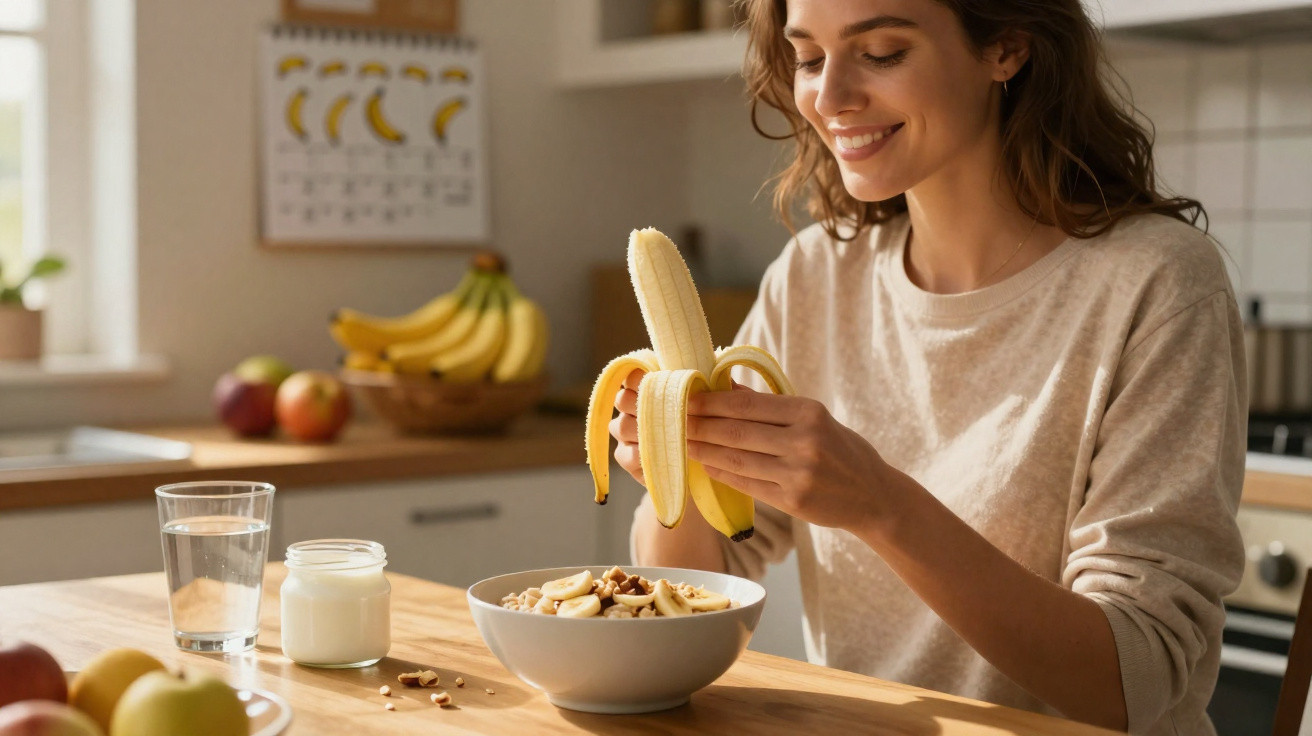 Mulher sorridente a descascar uma banana para colocar numa taça de iogurte com frutos e frutos secos.