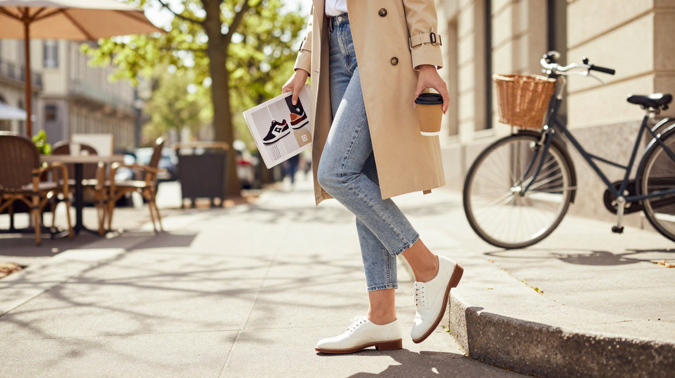 Pessoa de gabardina bege, jeans e sapatos brancos a caminhar na rua com café e revista na mão, junto a bicicleta com cesto.